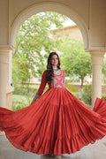 Cotton Multi Thread Embroidered Mirror Work Long Gown For Navratri Festival