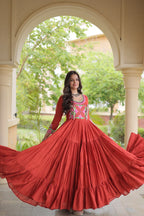 Cotton Multi Thread Embroidered Mirror Work Long Gown For Navratri Festival
