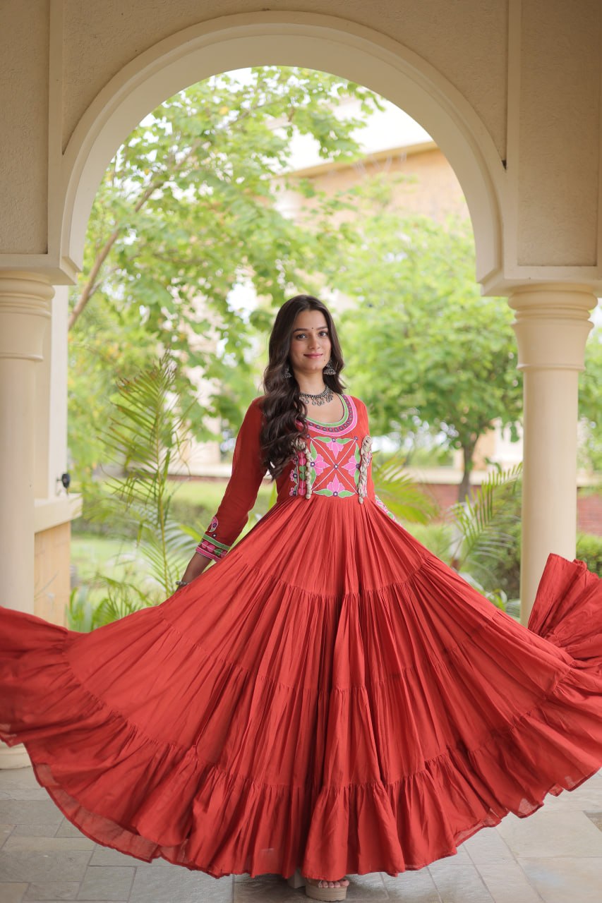 Cotton Multi Thread Embroidered Mirror Work Long Gown For Navratri Festival