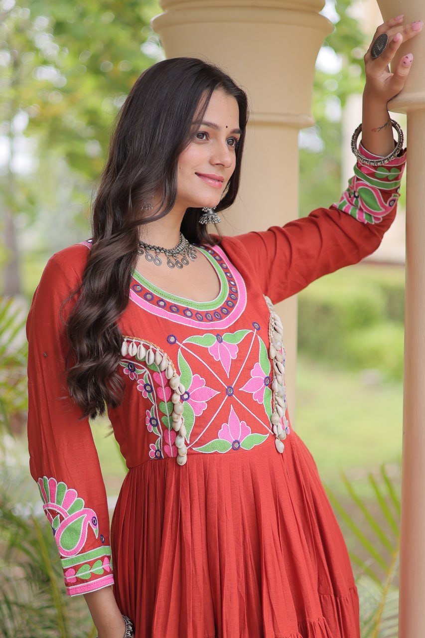 Cotton Multi Thread Embroidered Mirror Work Long Gown For Navratri Festival