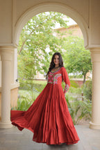 Cotton Multi Thread Embroidered Mirror Work Long Gown For Navratri Festival