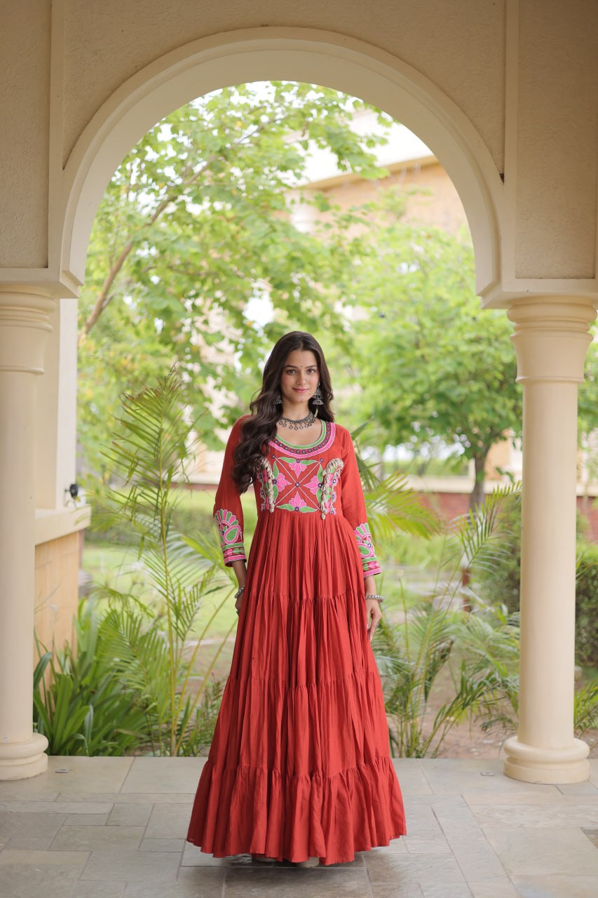 Cotton Multi Thread Embroidered Mirror Work Long Gown For Navratri Festival
