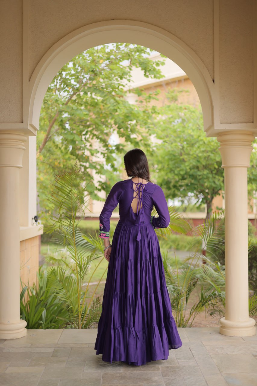 Cotton Multi Thread Embroidered Mirror Work Long Gown For Navratri Festival