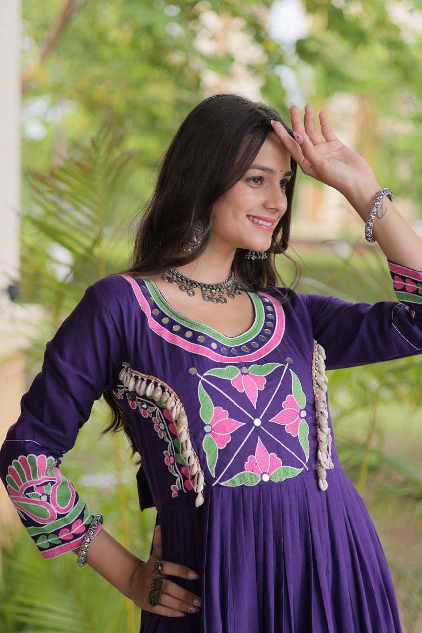 Cotton Multi Thread Embroidered Mirror Work Long Gown For Navratri Festival