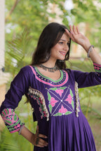 Cotton Multi Thread Embroidered Mirror Work Long Gown For Navratri Festival