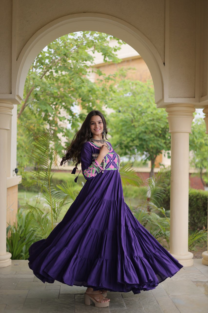 Cotton Multi Thread Embroidered Mirror Work Long Gown For Navratri Festival