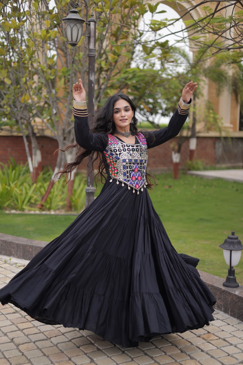 Rayon Long Flared Gown With Blouse For Navratri - Festive & Partywear Outfit
