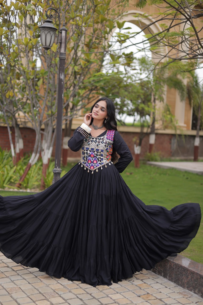 Rayon Long Flared Gown With Blouse For Navratri - Festive & Partywear Outfit