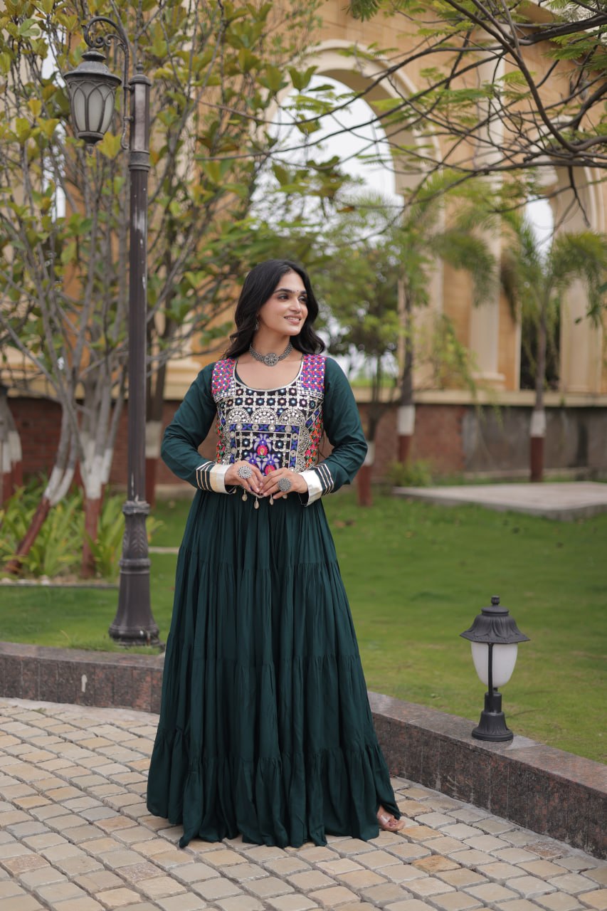Rayon Long Flared Gown With Blouse For Navratri - Festive & Partywear Outfit