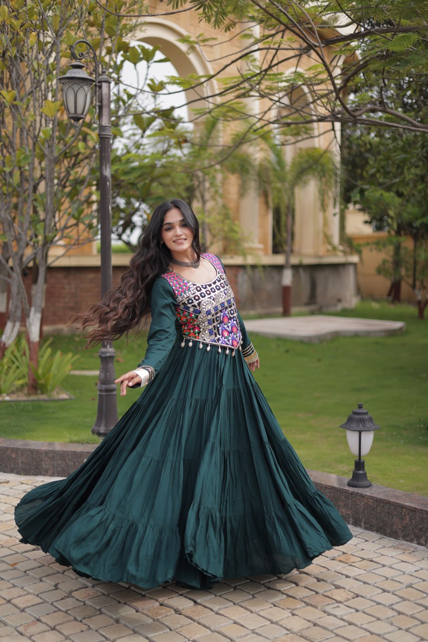 Rayon Long Flared Gown With Blouse For Navratri - Festive & Partywear Outfit