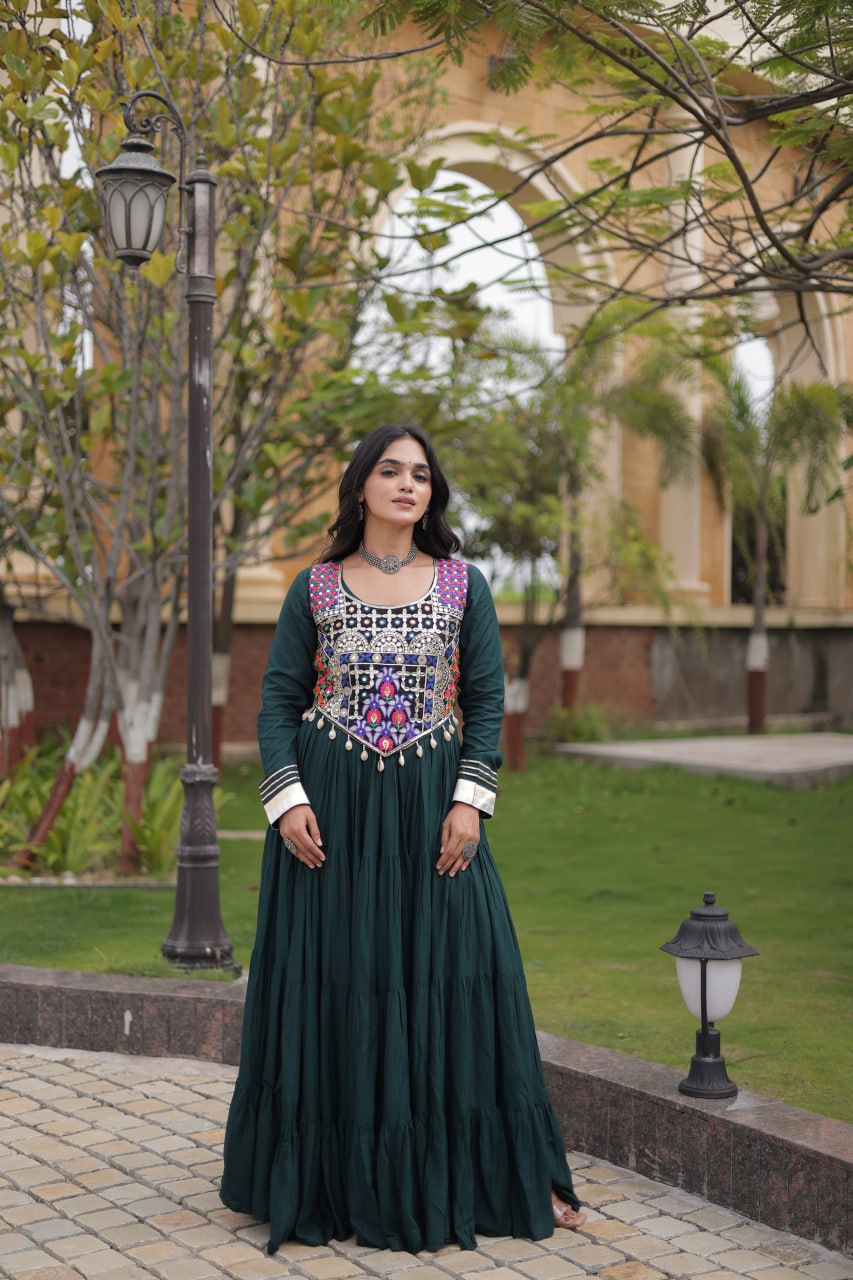 Rayon Long Flared Gown With Blouse For Navratri - Festive & Partywear Outfit