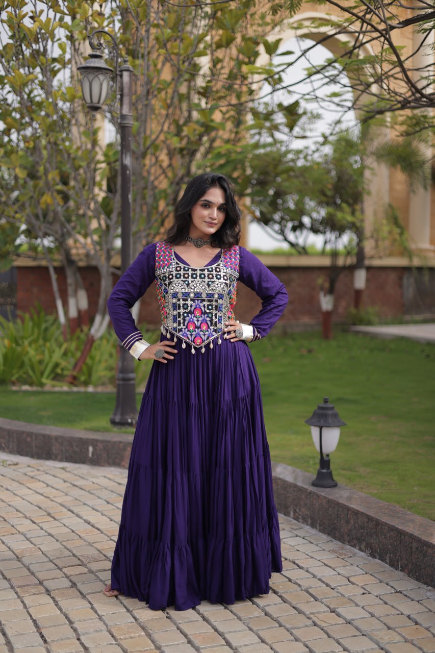 Rayon Long Flared Gown With Blouse For Navratri - Festive & Partywear Outfit