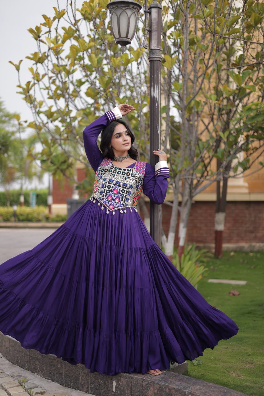 Rayon Long Flared Gown With Blouse For Navratri - Festive & Partywear Outfit