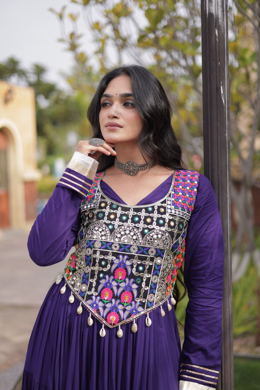 Rayon Long Flared Gown With Blouse For Navratri - Festive & Partywear Outfit