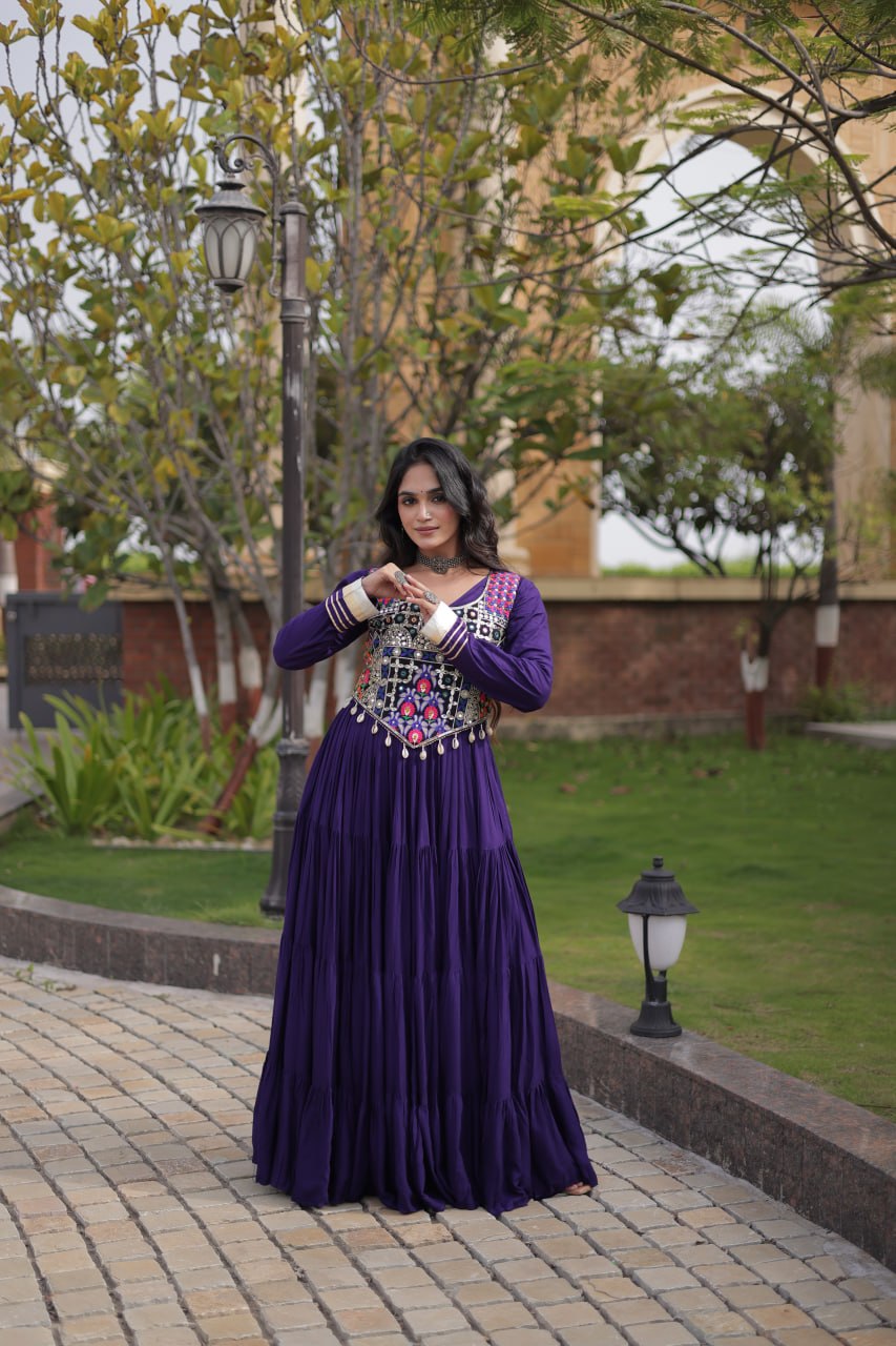 Rayon Long Flared Gown With Blouse For Navratri - Festive & Partywear Outfit