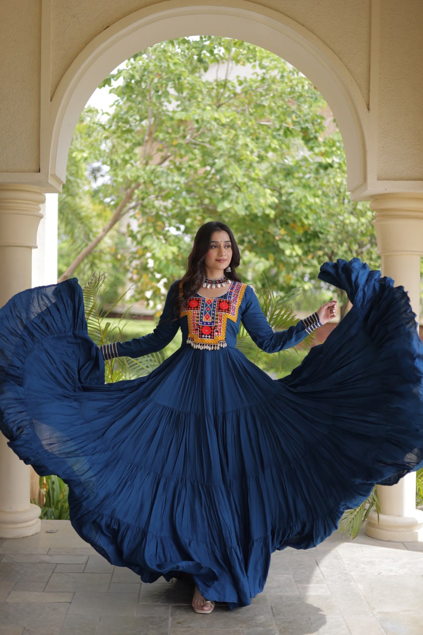 Navratri Rayon With Kutchi Gamthi Thread Embroidered & Mirror Work Long Gown