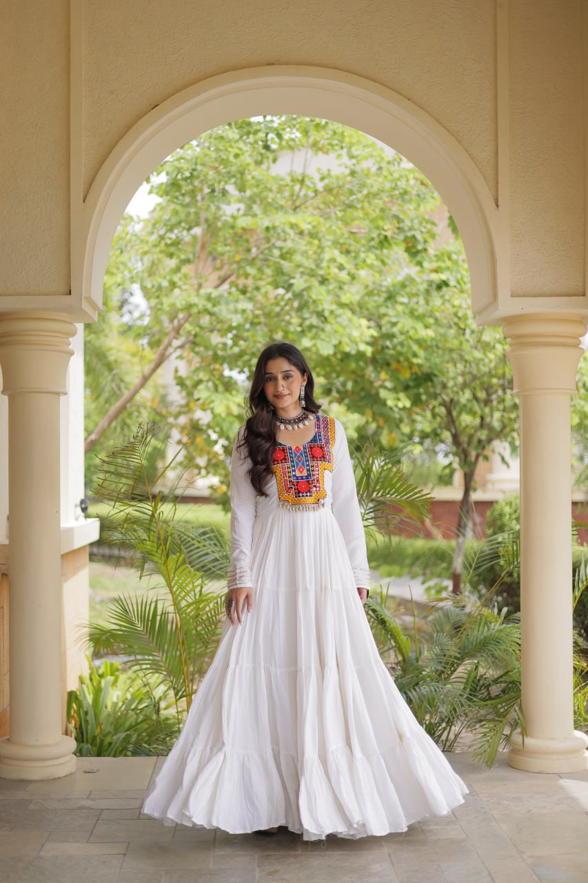 Navratri Rayon With Kutchi Gamthi Thread Embroidered & Mirror Work Long Gown