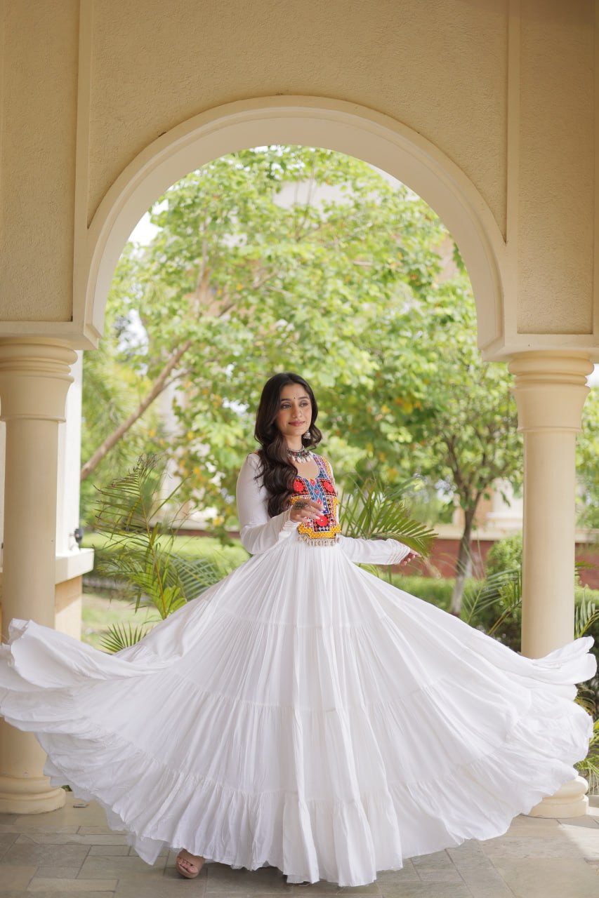 Navratri Rayon With Kutchi Gamthi Thread Embroidered & Mirror Work Long Gown