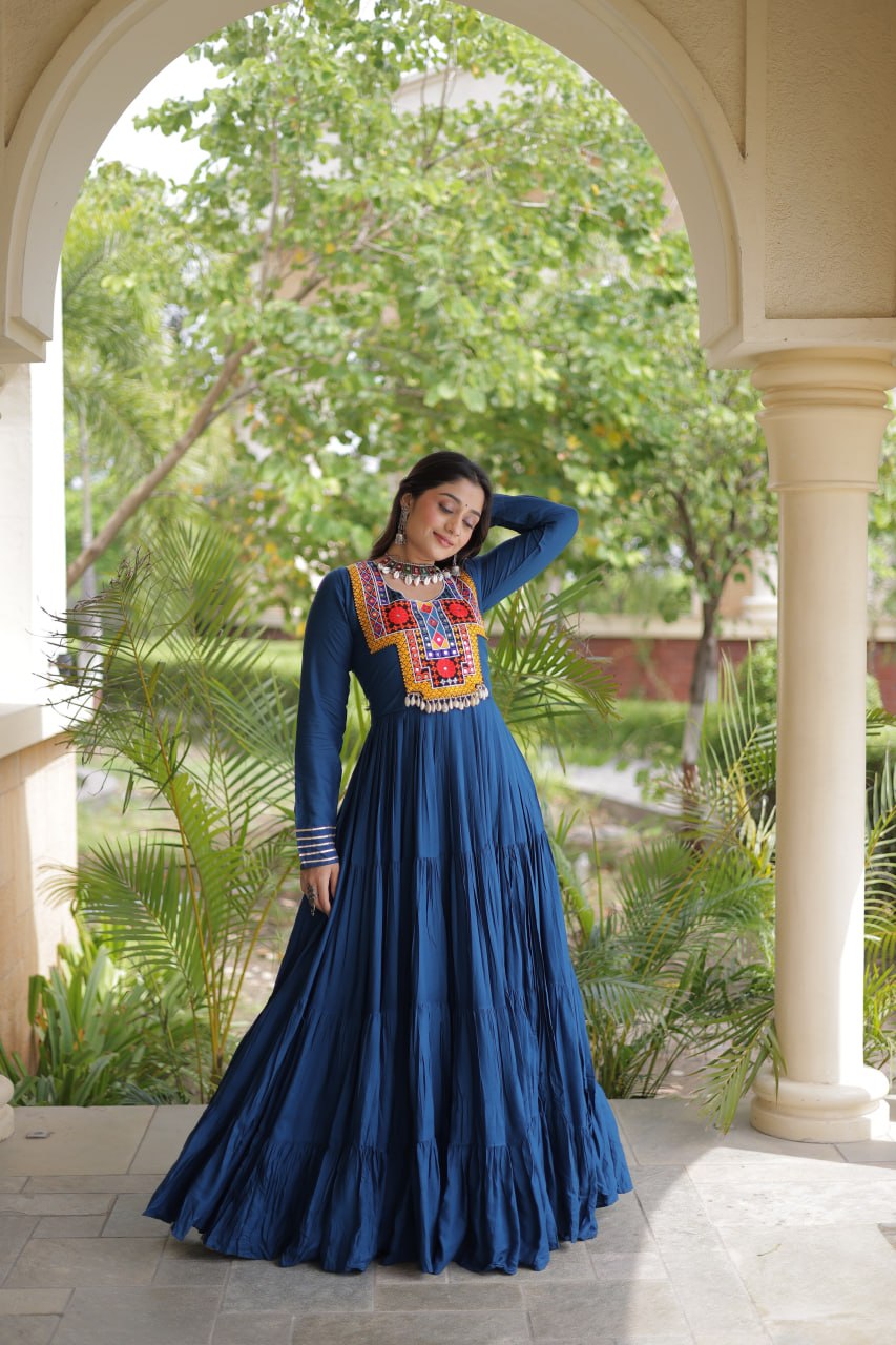 Navratri Rayon With Kutchi Gamthi Thread Embroidered & Mirror Work Long Gown