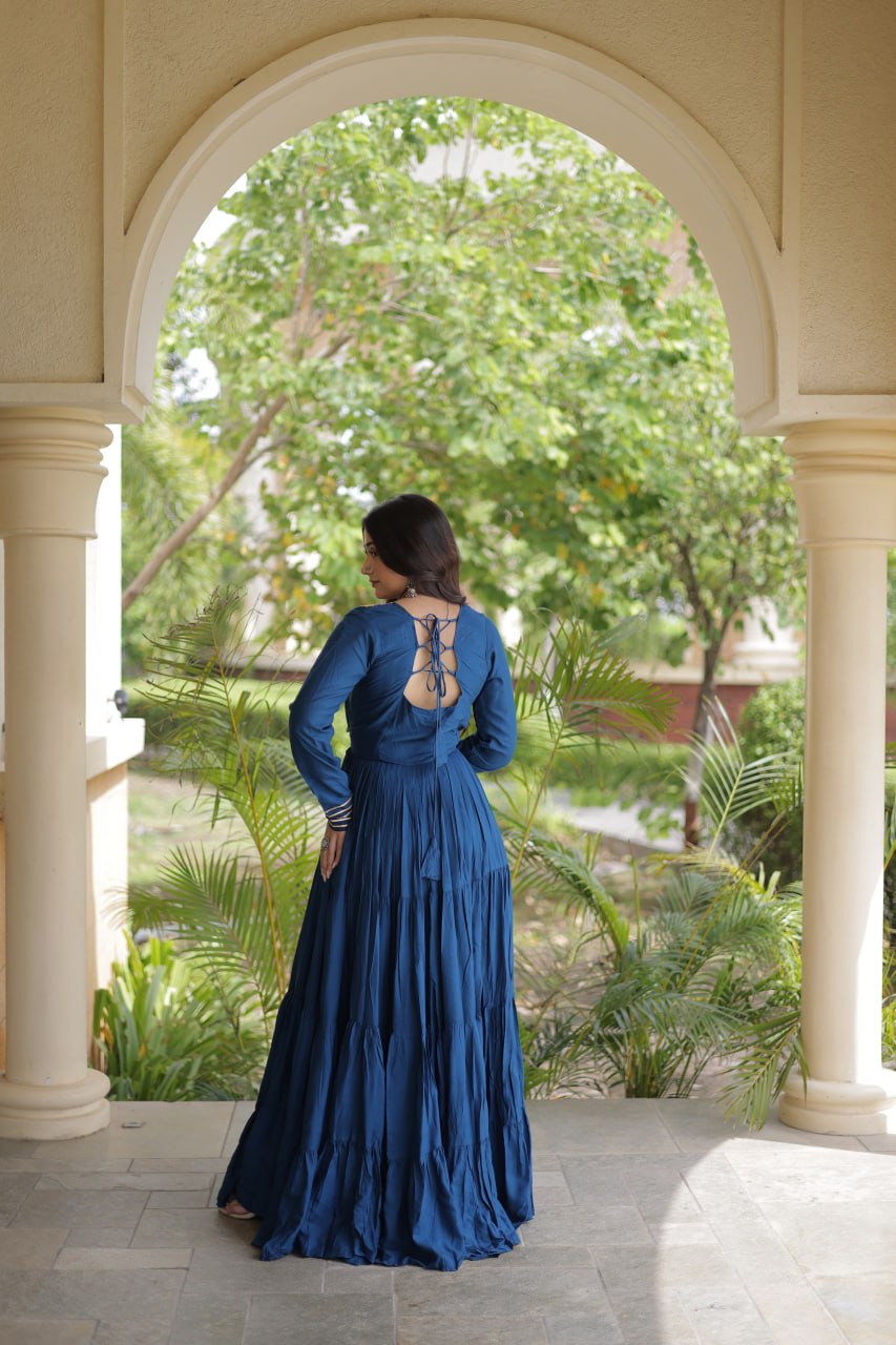 Navratri Rayon With Kutchi Gamthi Thread Embroidered & Mirror Work Long Gown