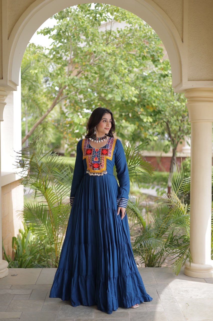 Navratri Rayon With Kutchi Gamthi Thread Embroidered & Mirror Work Long Gown