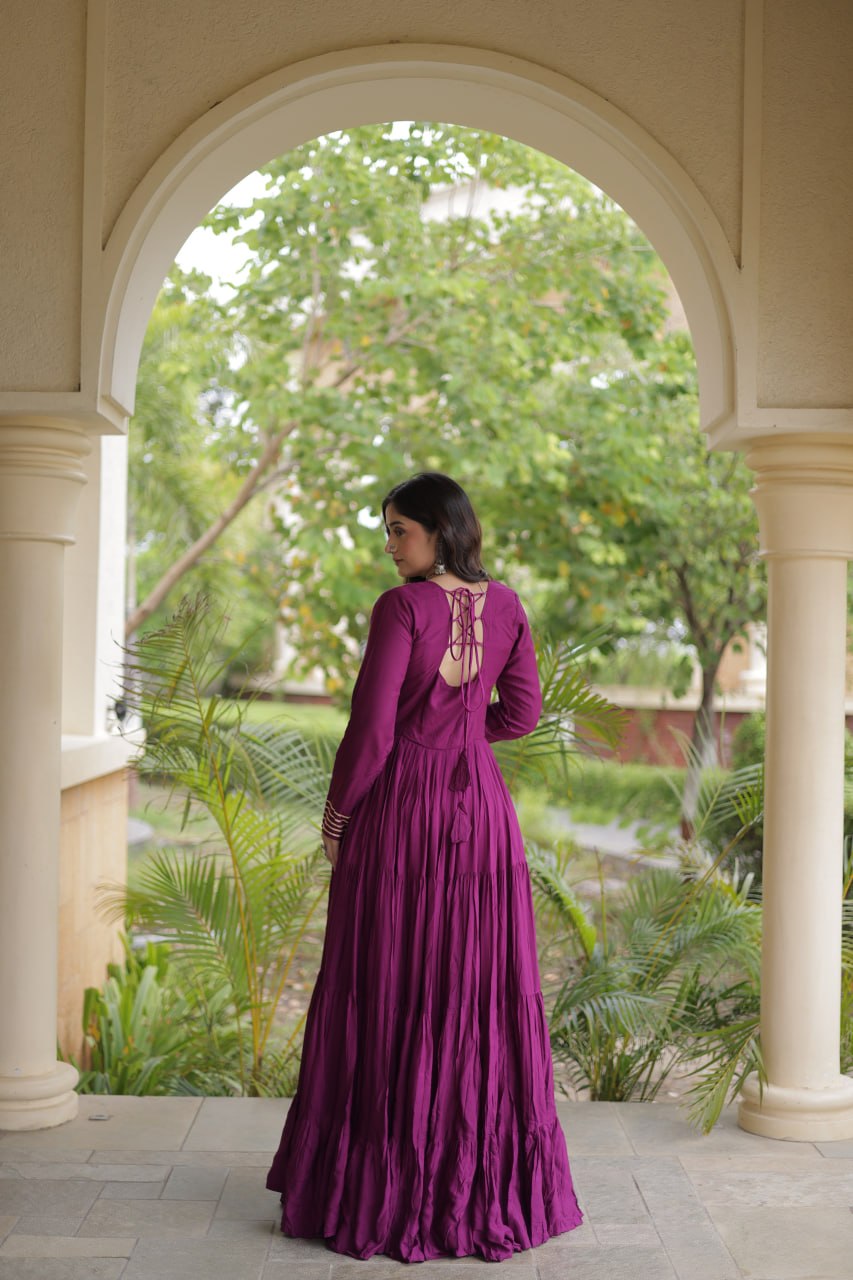 Navratri Rayon With Kutchi Gamthi Thread Embroidered & Mirror Work Long Gown