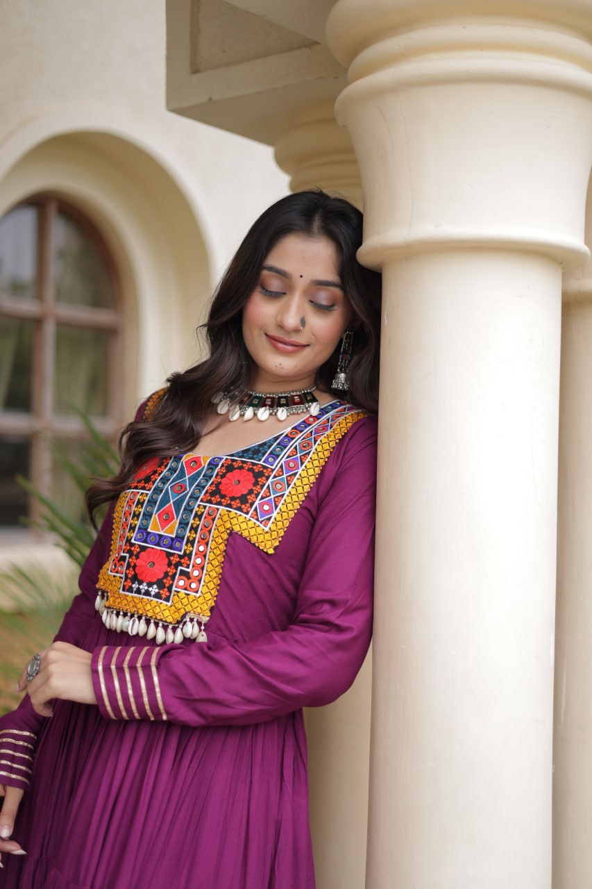 Navratri Rayon With Kutchi Gamthi Thread Embroidered & Mirror Work Long Gown