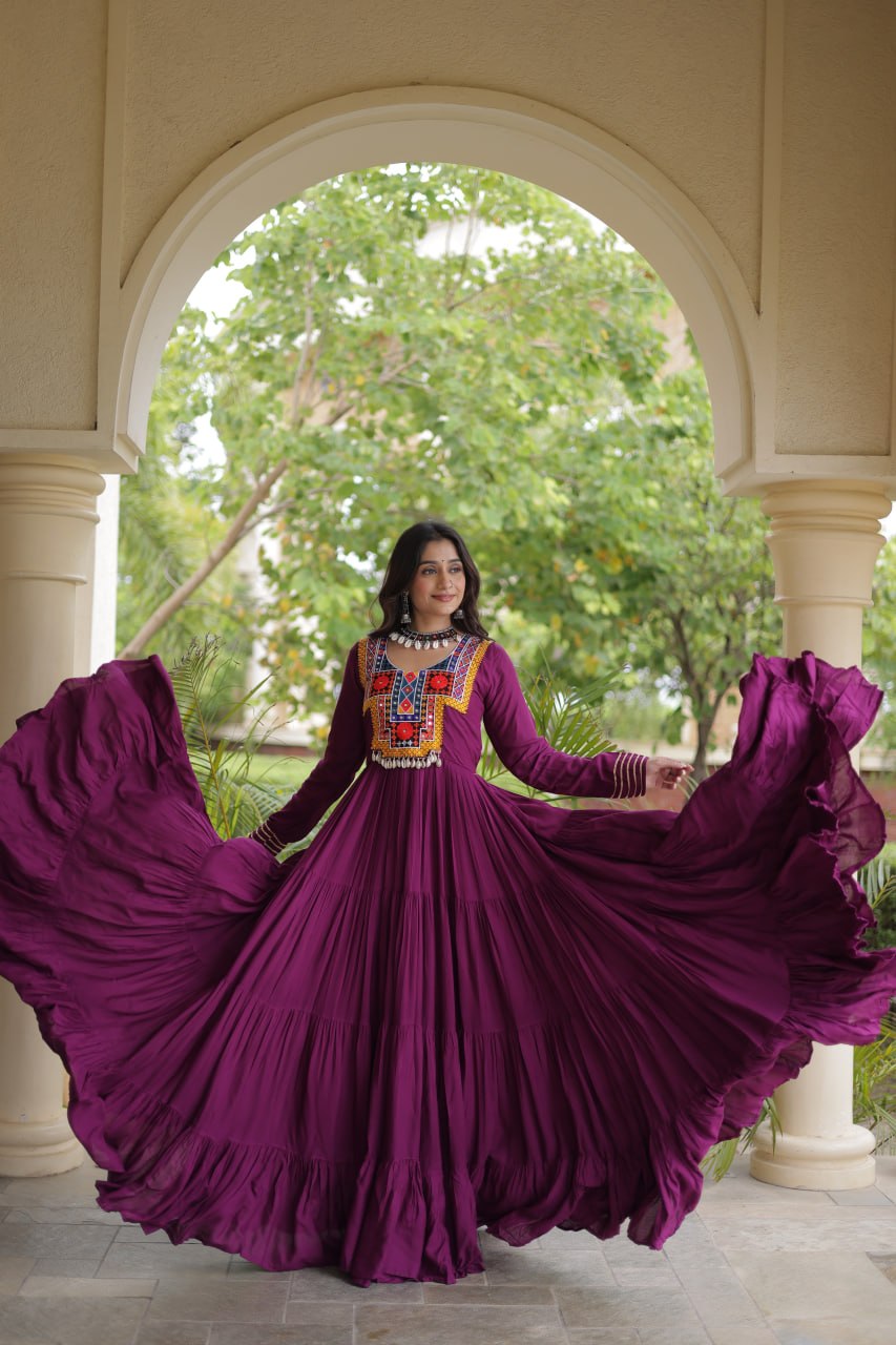 Navratri Rayon With Kutchi Gamthi Thread Embroidered & Mirror Work Long Gown