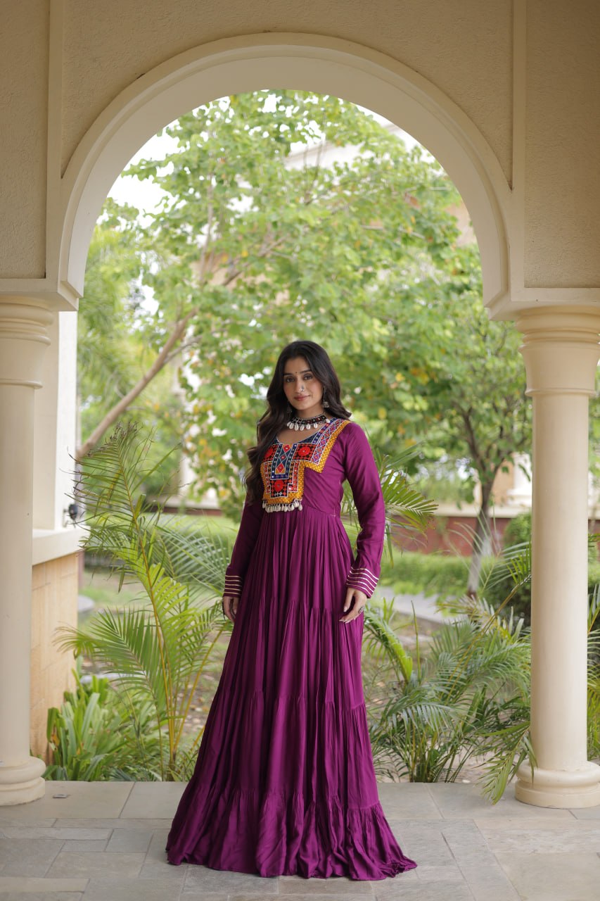 Navratri Rayon With Kutchi Gamthi Thread Embroidered & Mirror Work Long Gown