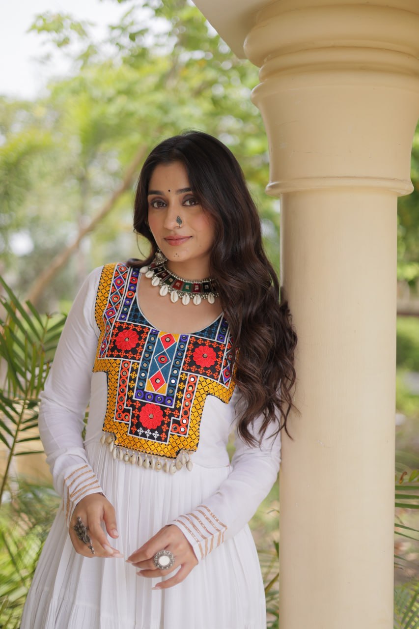 Navratri Rayon With Kutchi Gamthi Thread Embroidered & Mirror Work Long Gown