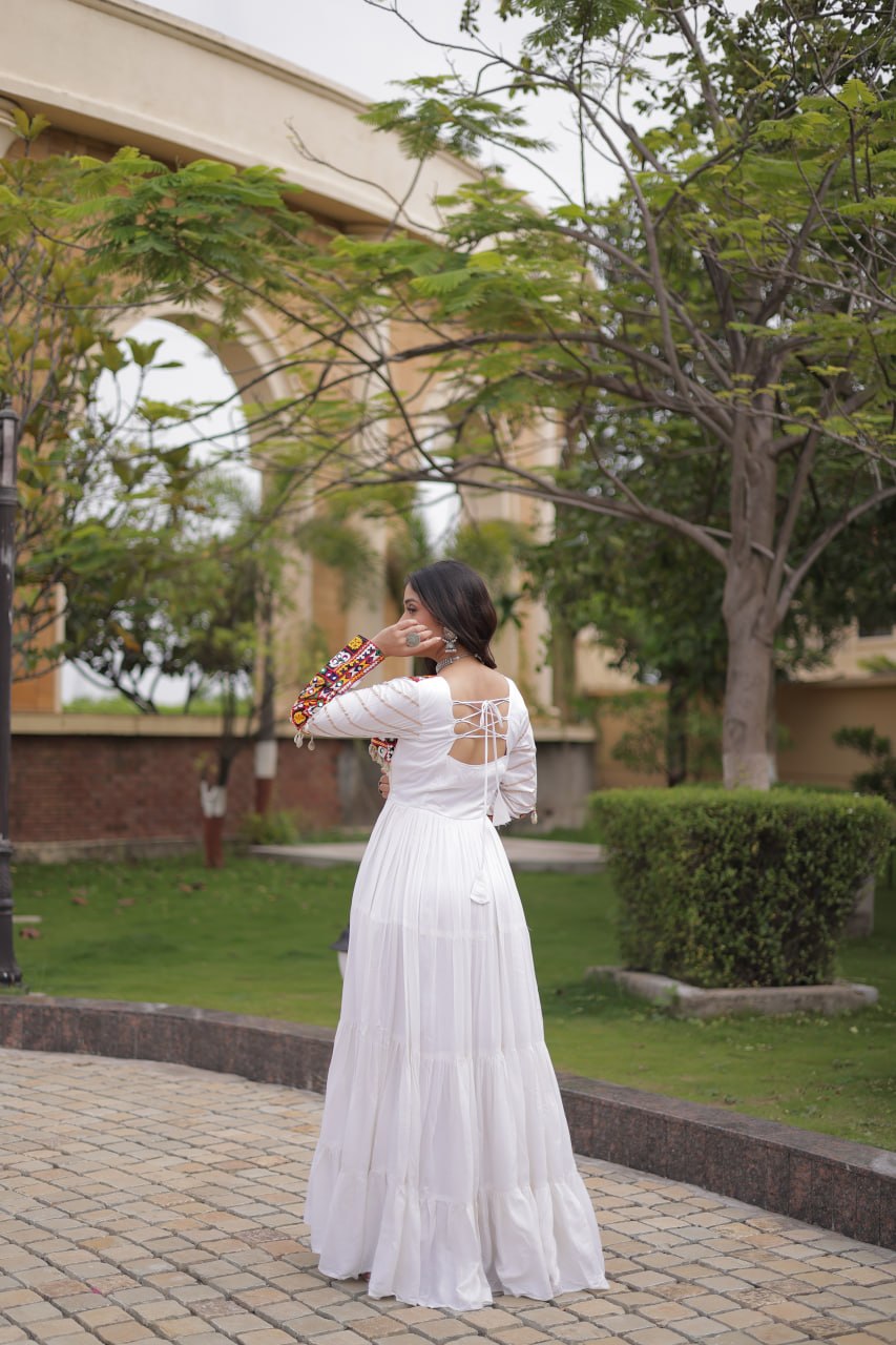 Embroidered Work Long Flared Rayon Gown With Full Sleeves For Navratri Garba Nights