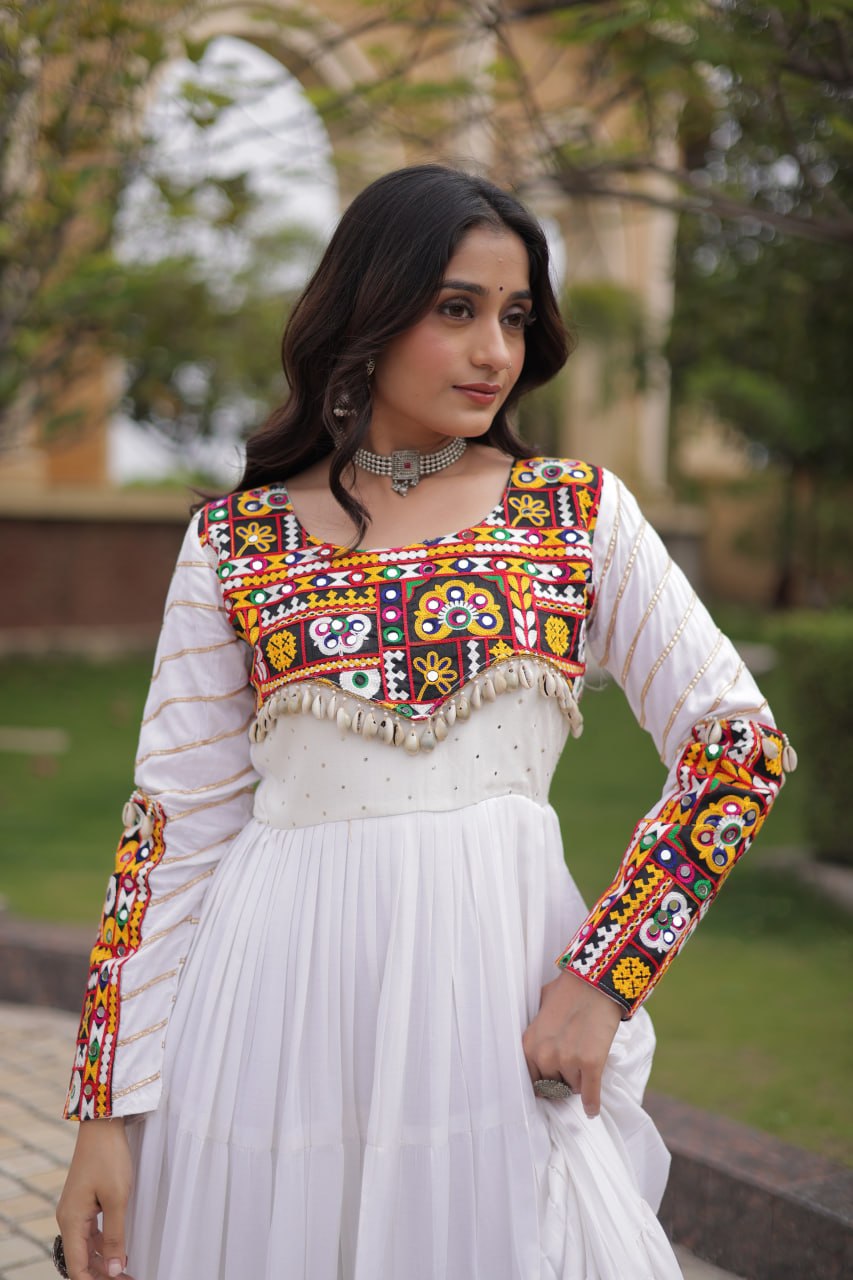Embroidered Work Long Flared Rayon Gown With Full Sleeves For Navratri Garba Nights