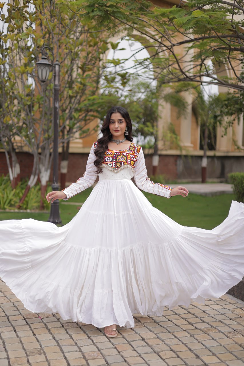Embroidered Work Long Flared Rayon Gown With Full Sleeves For Navratri Garba Nights