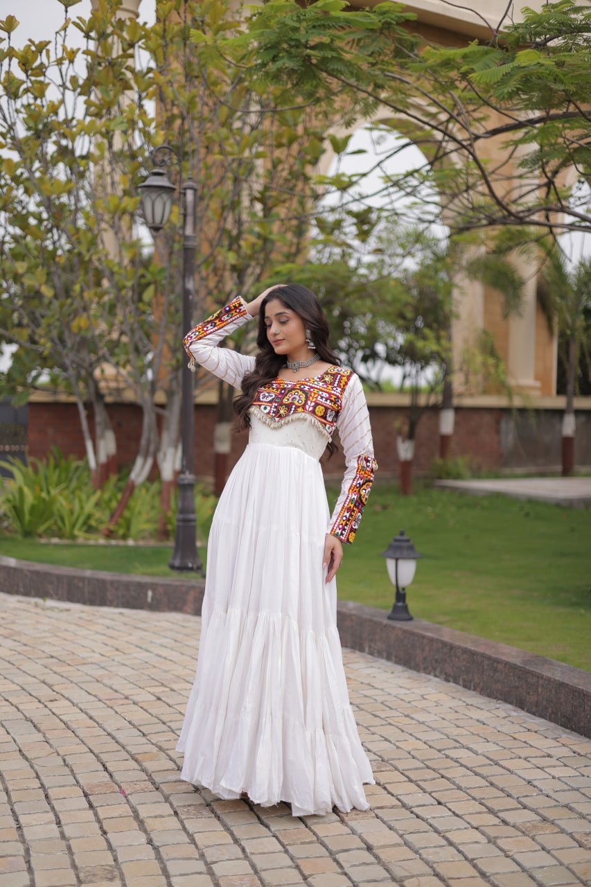Embroidered Work Long Flared Rayon Gown With Full Sleeves For Navratri Garba Nights