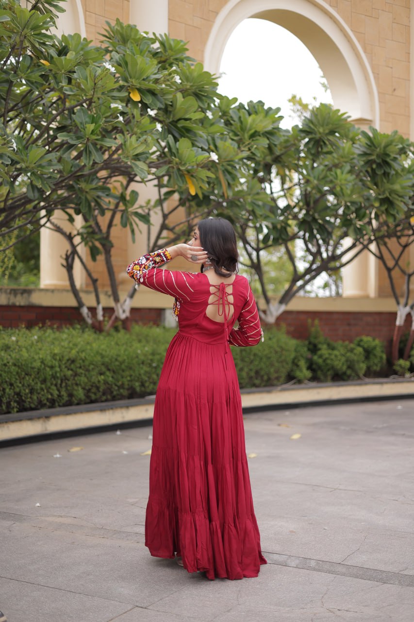 Embroidered Work Long Flared Rayon Gown With Full Sleeves For Navratri Garba Nights