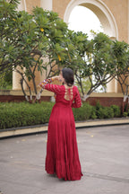 Embroidered Work Long Flared Rayon Gown With Full Sleeves For Navratri Garba Nights