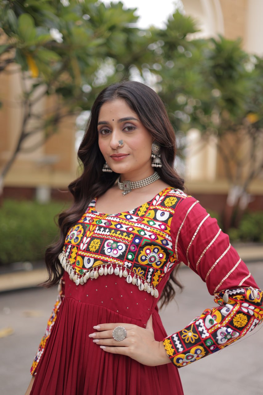 Embroidered Work Long Flared Rayon Gown With Full Sleeves For Navratri Garba Nights