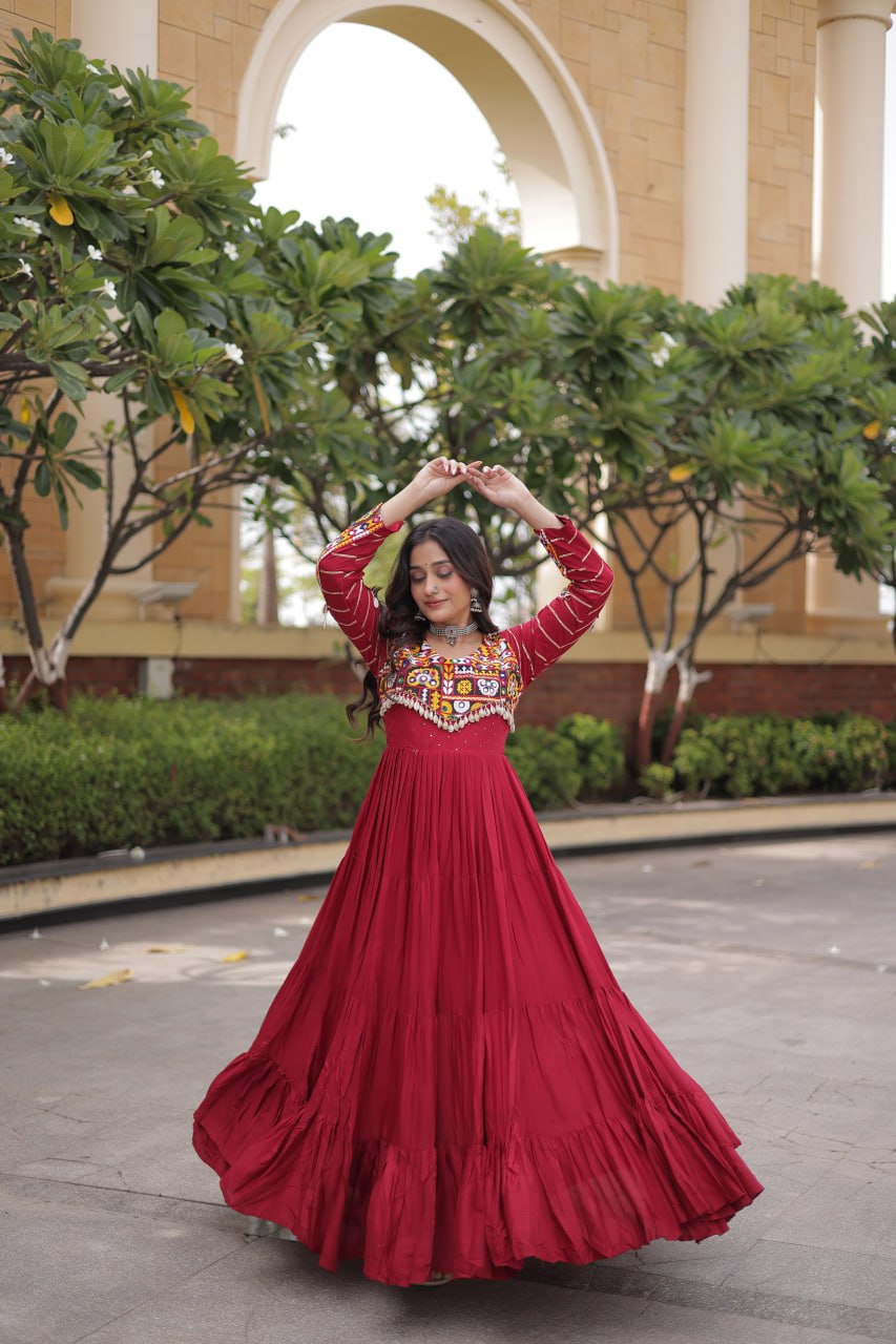 Embroidered Work Long Flared Rayon Gown With Full Sleeves For Navratri Garba Nights