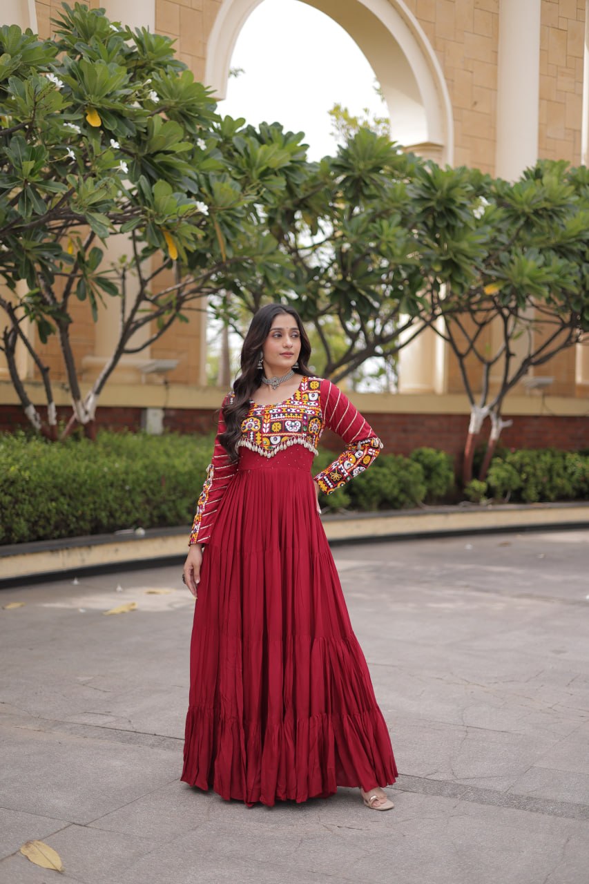 Embroidered Work Long Flared Rayon Gown With Full Sleeves For Navratri Garba Nights