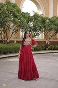 Embroidered Work Long Flared Rayon Gown With Full Sleeves For Navratri Garba Nights