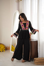 Midnight Black Mirror & Kodi Work Peplum Palazzo Set- Statement Garba Dandiya Look