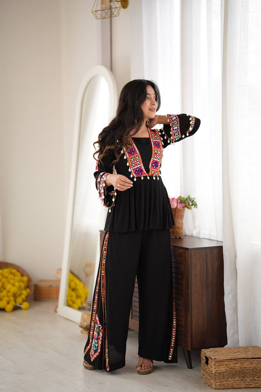 Midnight Black Mirror & Kodi Work Peplum Palazzo Set- Statement Garba Dandiya Look