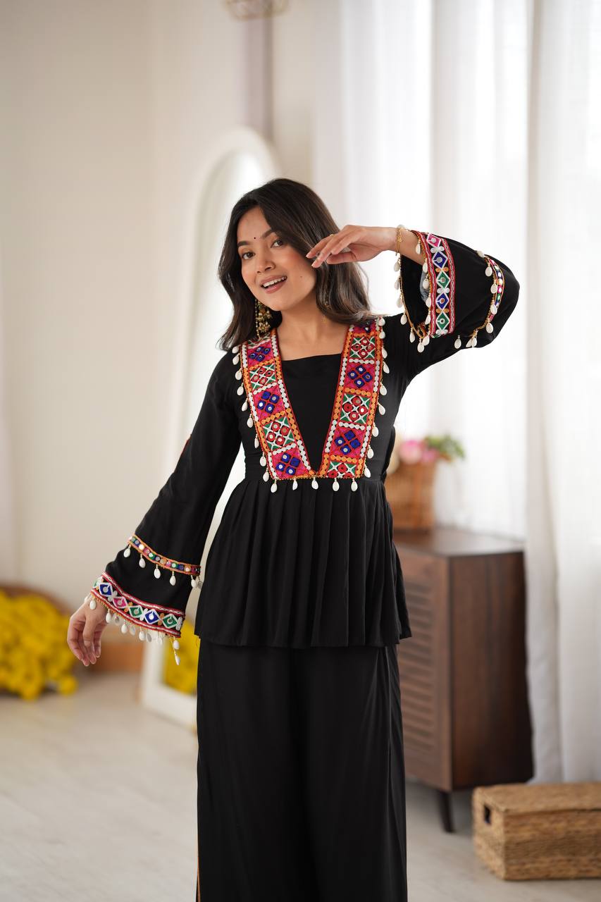 Midnight Black Mirror & Kodi Work Peplum Palazzo Set- Statement Garba Dandiya Look