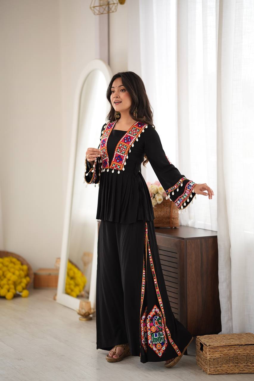 Midnight Black Mirror & Kodi Work Peplum Palazzo Set- Statement Garba Dandiya Look