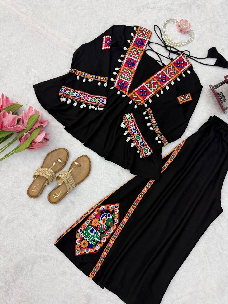 Midnight Black Mirror & Kodi Work Peplum Palazzo Set- Statement Garba Dandiya Look