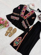 Midnight Black Mirror & Kodi Work Peplum Palazzo Set- Statement Garba Dandiya Look