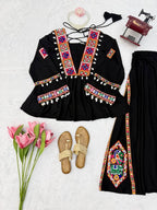 Midnight Black Mirror & Kodi Work Peplum Palazzo Set- Statement Garba Dandiya Look