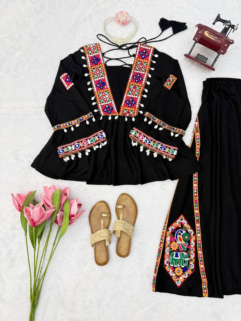 Midnight Black Mirror & Kodi Work Peplum Palazzo Set- Statement Garba Dandiya Look