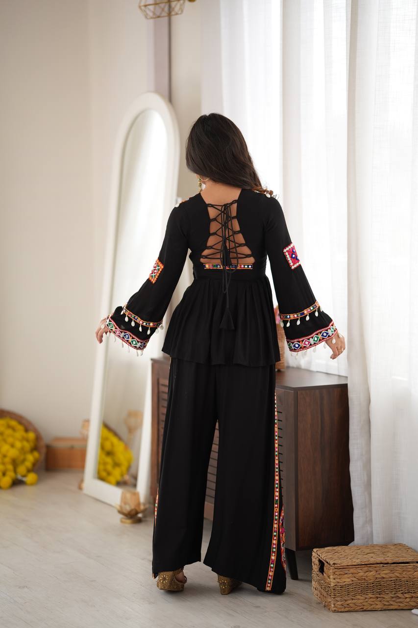 Midnight Black Mirror & Kodi Work Peplum Palazzo Set- Statement Garba Dandiya Look