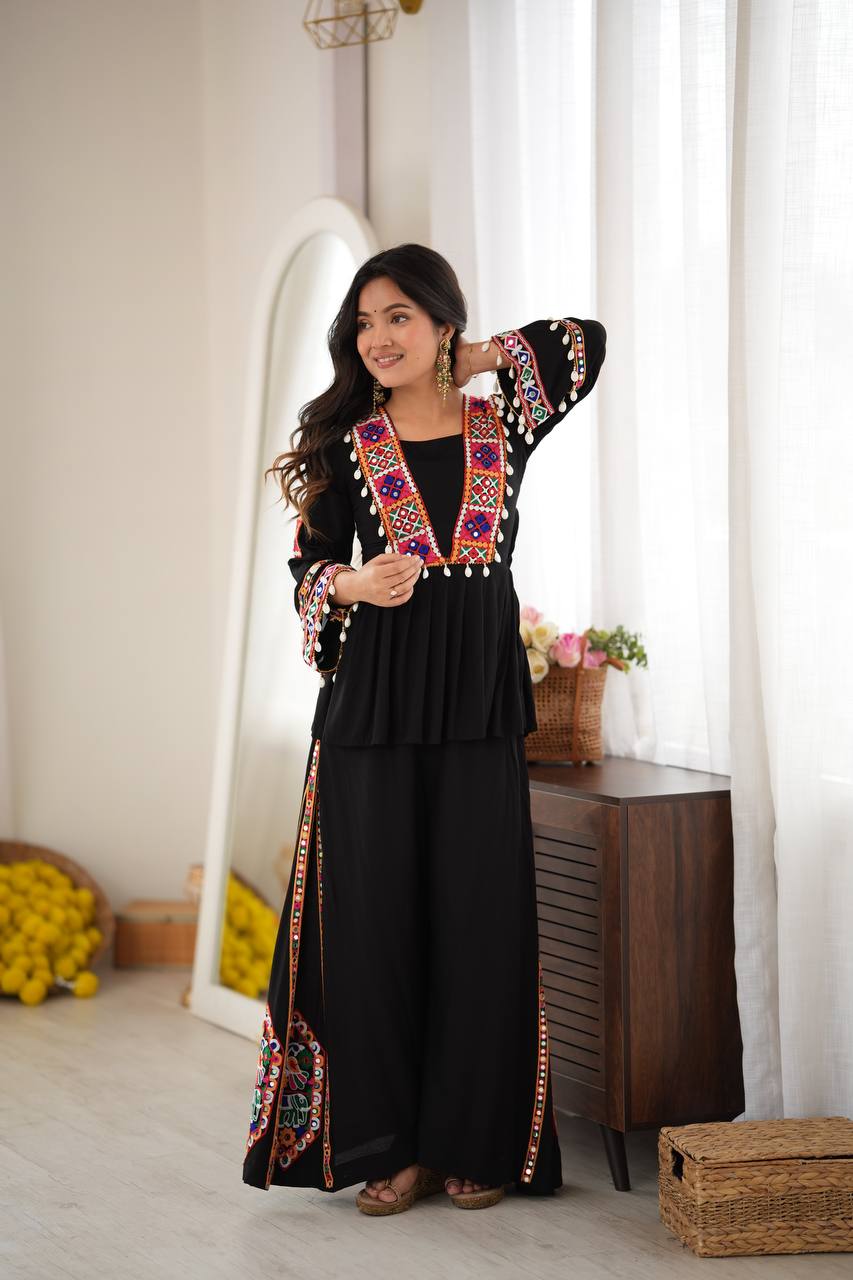 Midnight Black Mirror & Kodi Work Peplum Palazzo Set- Statement Garba Dandiya Look